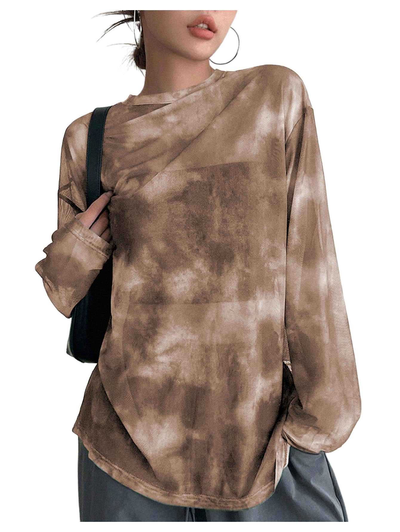 Verdusa Women's Tie Dye Sheer Mesh Top Drop Shoulder Long Sleeve Loose Tee Shirt for Summer Beach
| Verdusa Women's Tie 