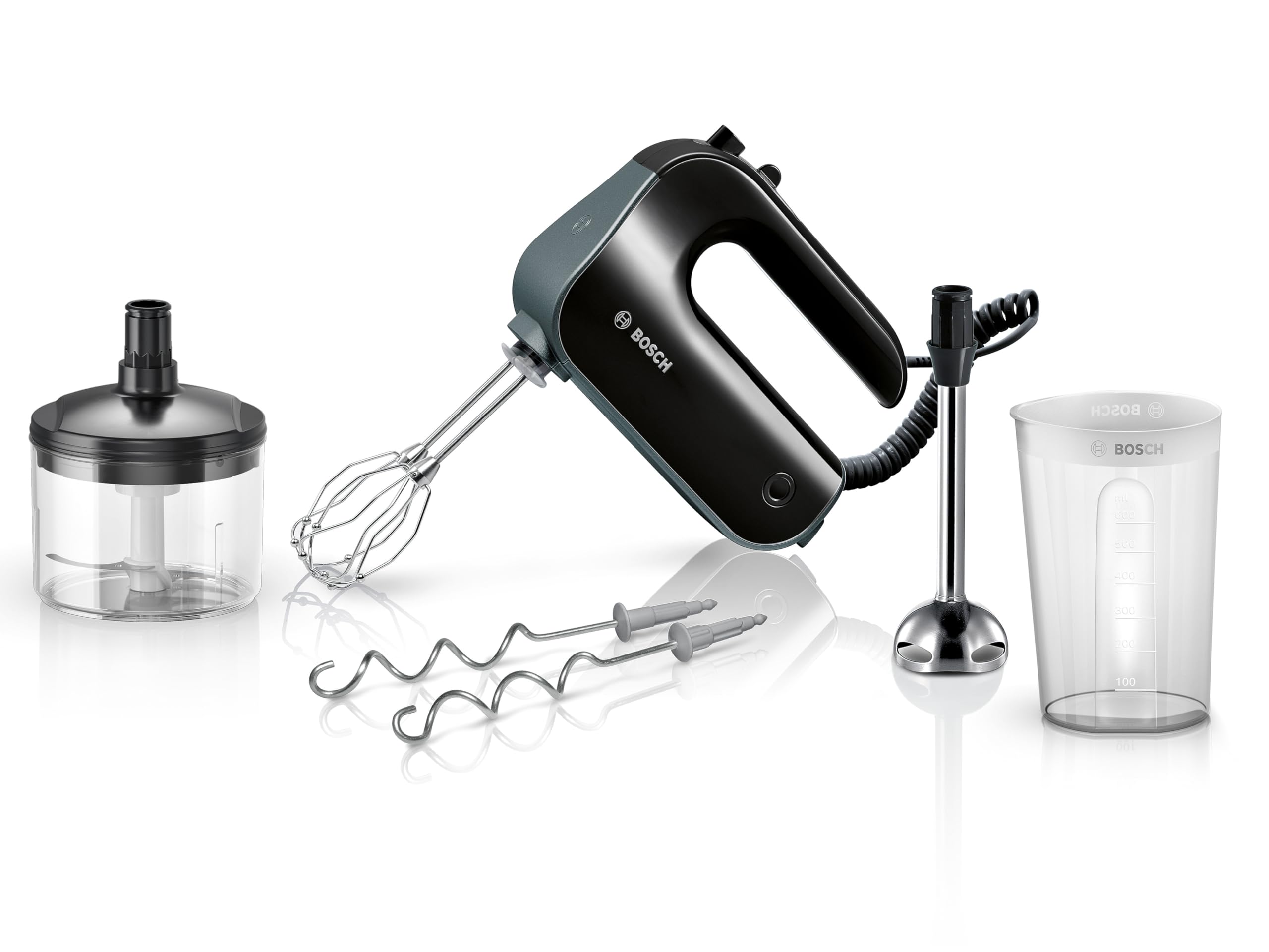 Bosch Handrührer Home Professional Styline MFQ4980B, 5 Stufen, 2 Edelstahl Rührbesen- und Knethaken, Mixstab Edelstahl, Universalzerkleinerer, 850 W, schwarz/dark silver