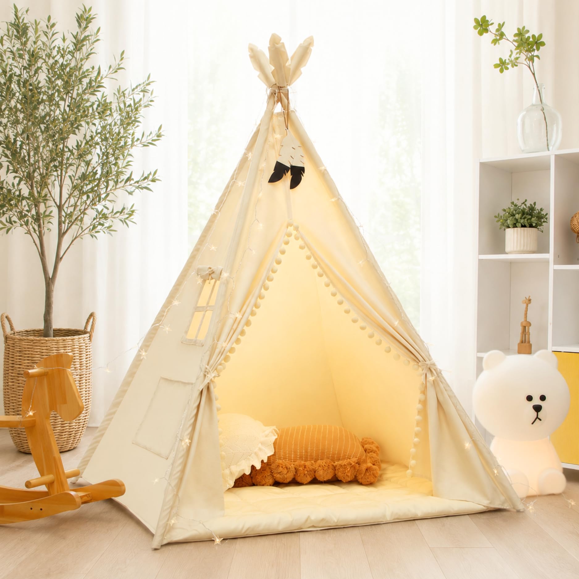 LIONHERZ® Tipi Tenda per Bambini in 100% Cotone Con Tappetino, Borsa e Gioielli in Piuma - Teepee da Gioco Stabile per Interni ed Esterni
