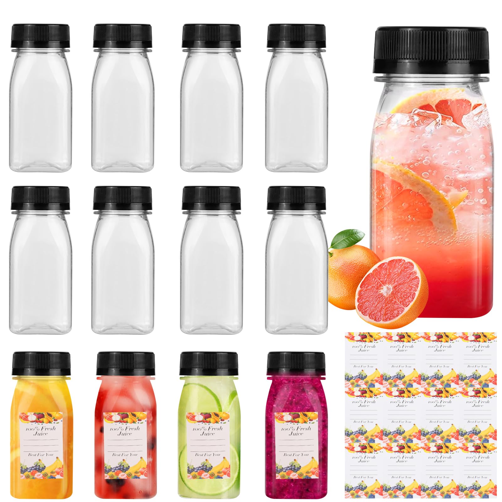 winbest 12 sztuk plastikowych butelek do shotów 120 ml, z naklejkami wielokrotnego użytku, 120 ml, do napełniania napojów i smoothies