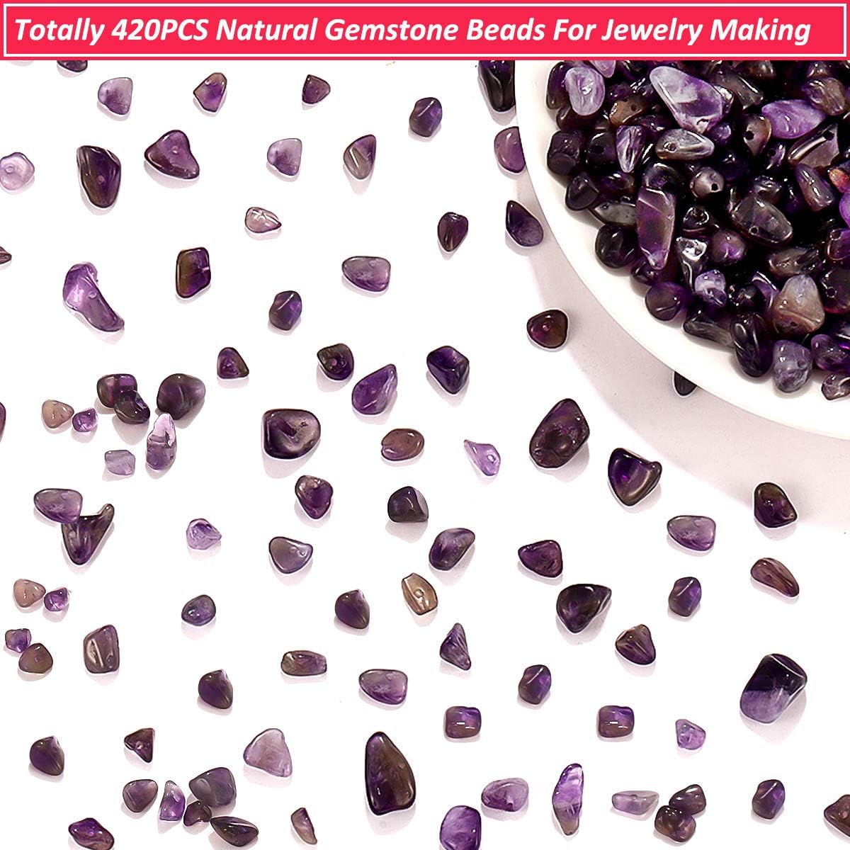 420PCS Chip Stone Beads Amethyst, Irregular Gemstones Healing Crystal Loose Beads Crushed Chunked Crystal Pieces with Plastic Box for Bracelet Jewelry Making DIY Art Crafts (Amethyst) - Image 2