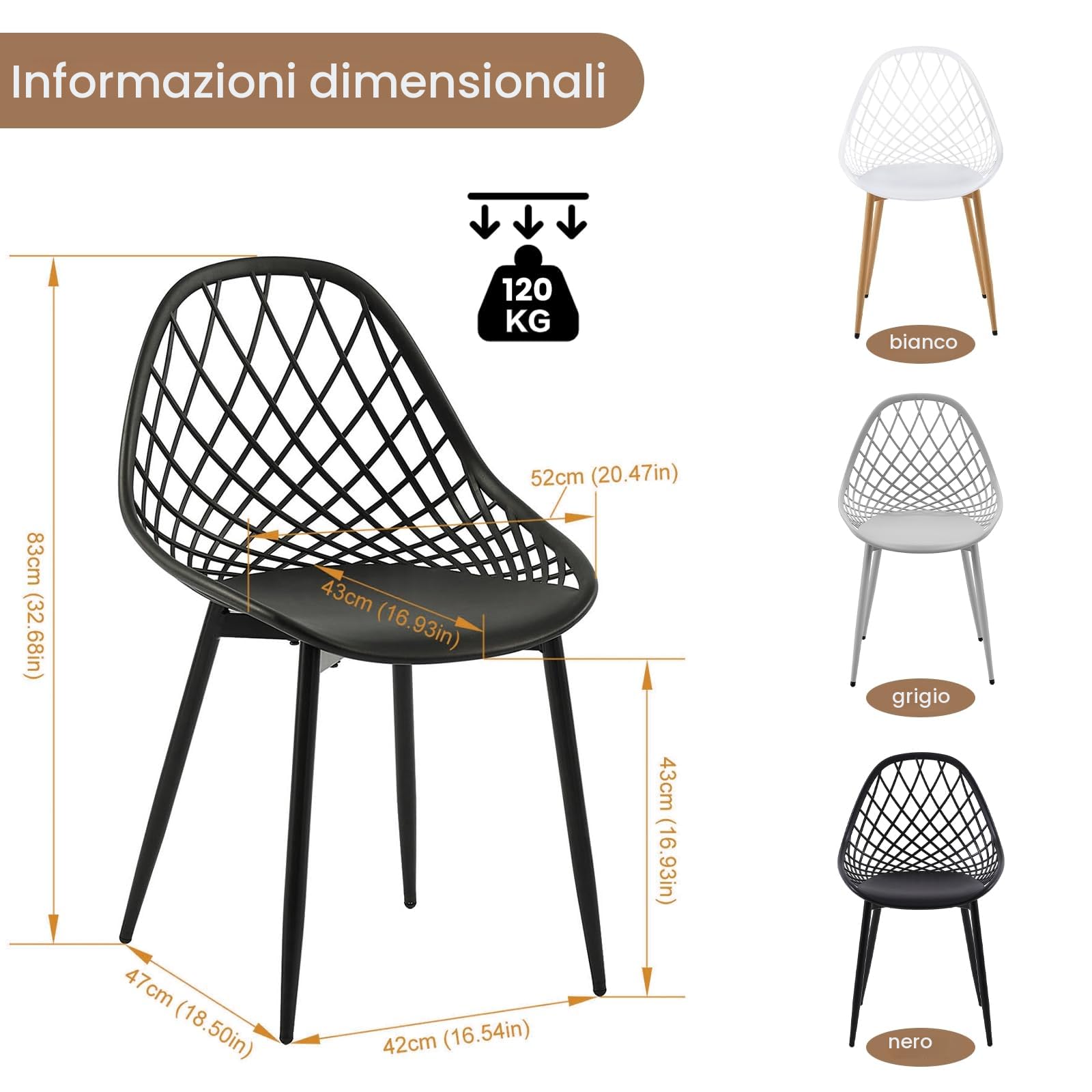 buybyroom Set di 4 poltrone, sedie da soggiorno, sedia piccola, realizzata in polipropilene e metallo, può sostenere un peso di 120 kg, colore nero