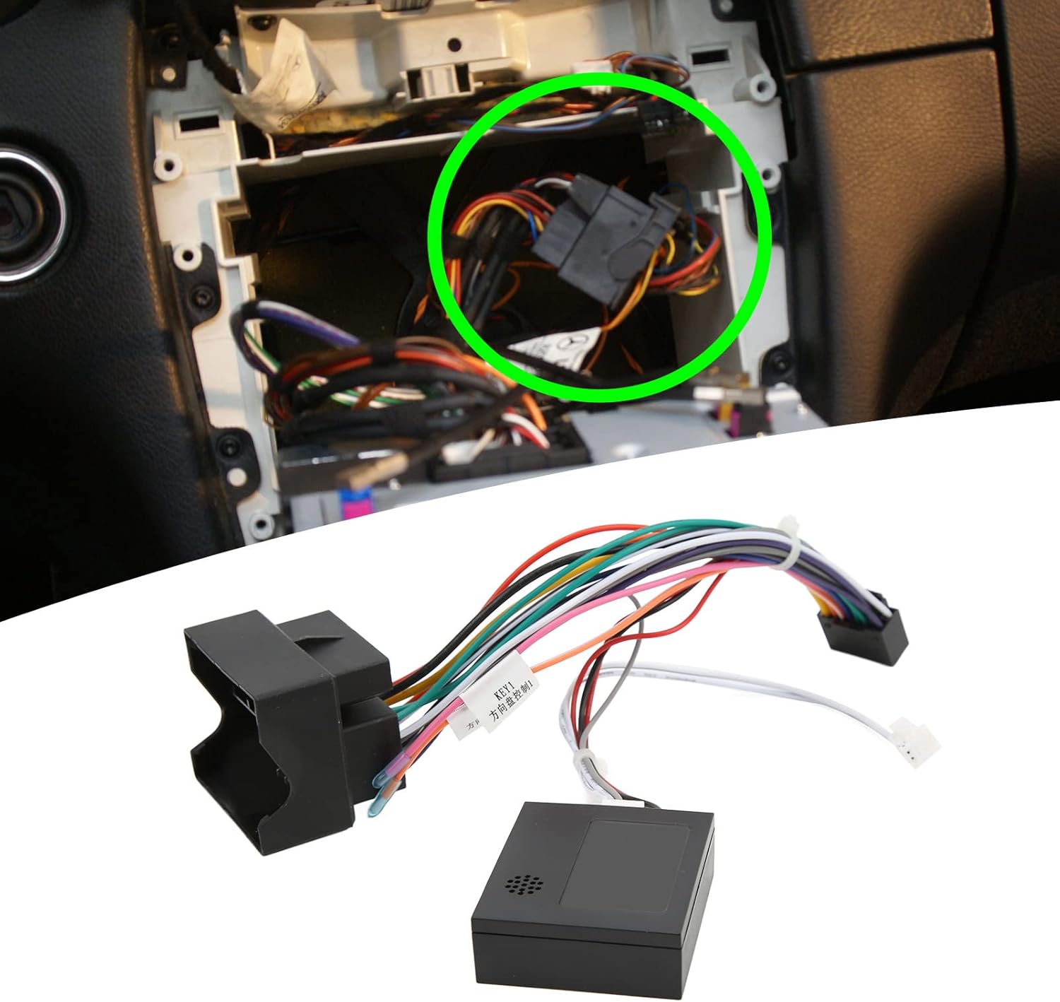 Ymiko 16-Pin Wiring Harness with Canbus Box and a car interior showing the radio installation area