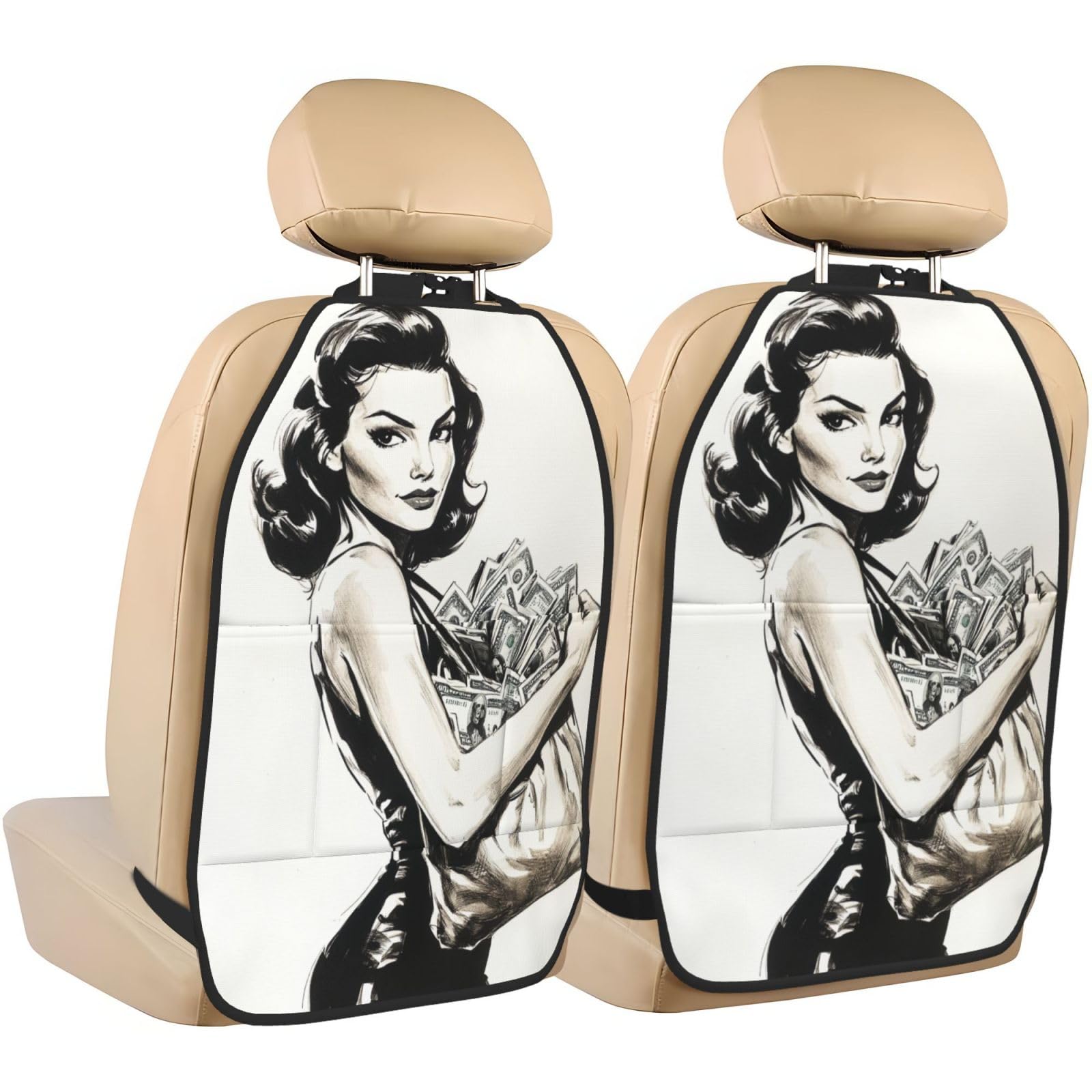Retro Female Holding Cash Bag Car Seat Back Kick Protectors,2 Pack Kick Mats with Storage Pockets for Vehicles to Protect from Dirt Mud Scratches