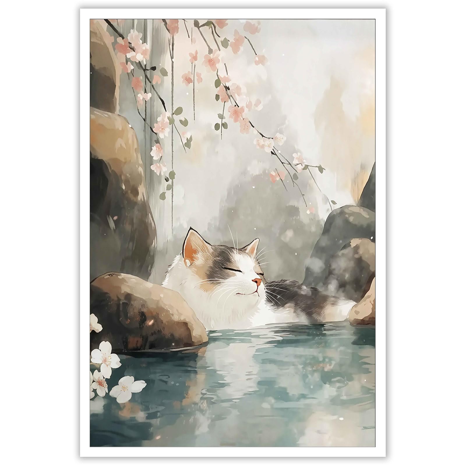 Funny Japanese Cat Poster Sakura Spa Cat Canvas Wall Art Relaxing Animal Aesthetic Prints Painting For Home Bedroom Living Room Bathroom Wall Decor