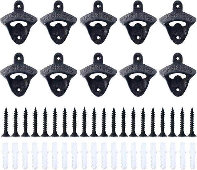 DasMorine Cast Iron Wall Mounted Bottle Openers, Mounting Hardware Included, Vintage Rustic Bar(Wood Block is not Included) (10 Pack)