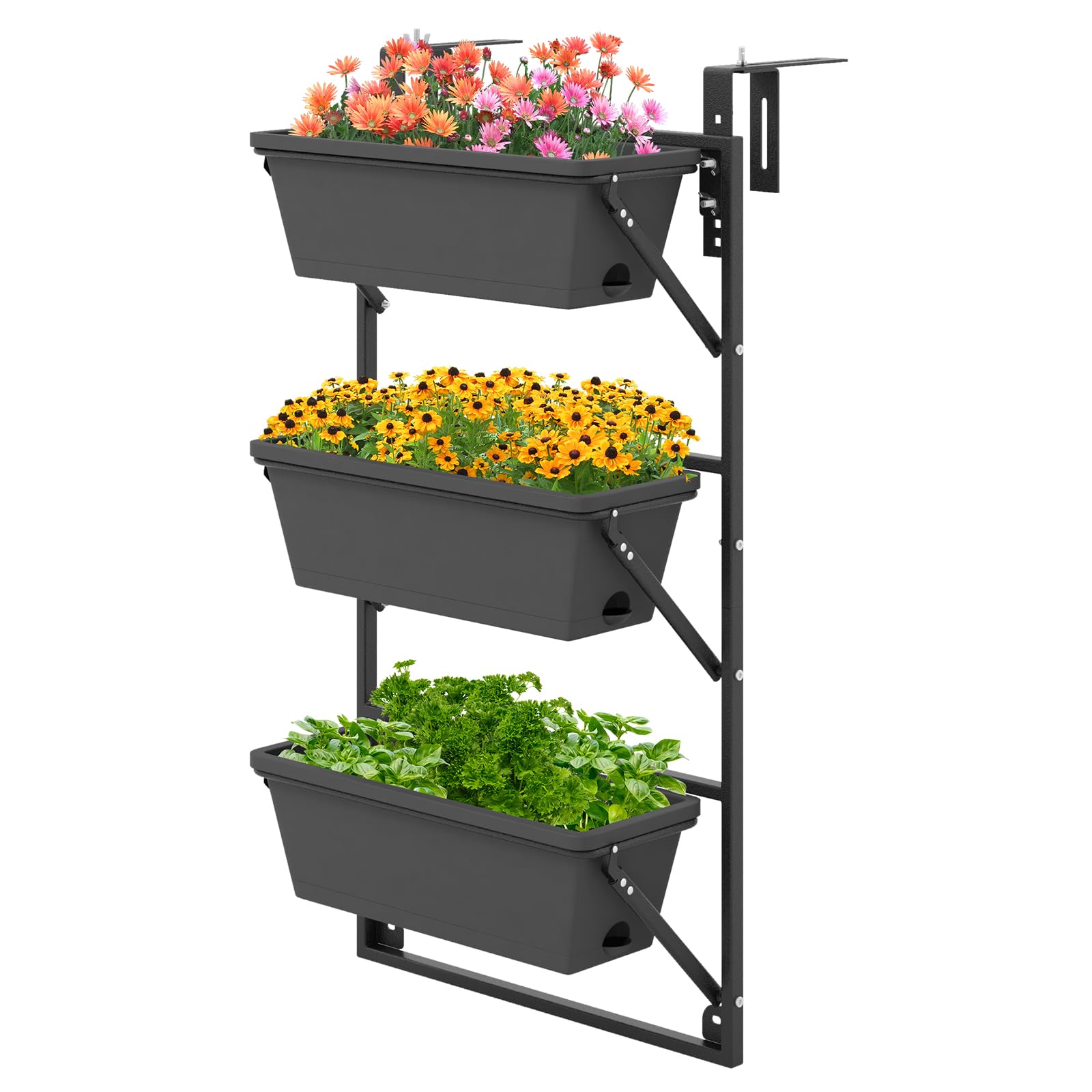 HAPPYGRILL 3-Tier Vertical Hanging Planter, Garden Wall Planter Box with 3 Pots, Adjustable Hooks, Auto Drainage, Self-Watering System Indoor Outdoor Rail Planters for Flowers Vegetables Flowers