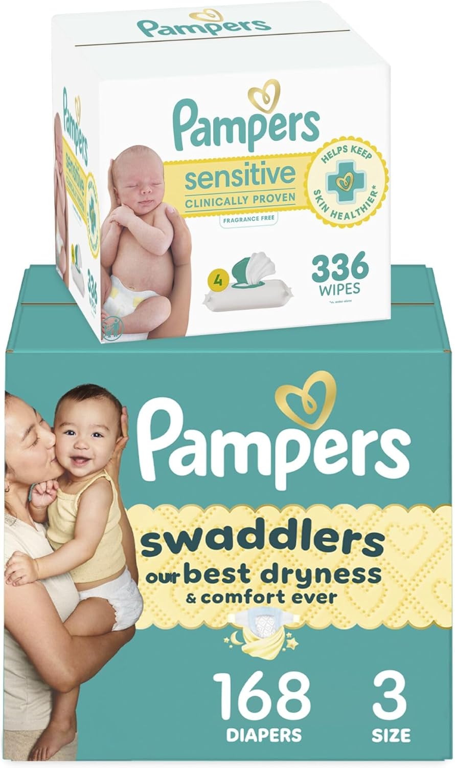 Diapers Size 3, 168 Count and Baby Wipes - Pampers Swaddlers Disposable Baby Diapers and Water Baby Wipes Sensitive Pop-Top Packs, 336 Count (Packaging May Vary)