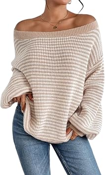 Womens Striped Off-The-Shoulder Pullover Sweater, Knit Mix Womens Loose Striped Knit Sweater with Round Neck