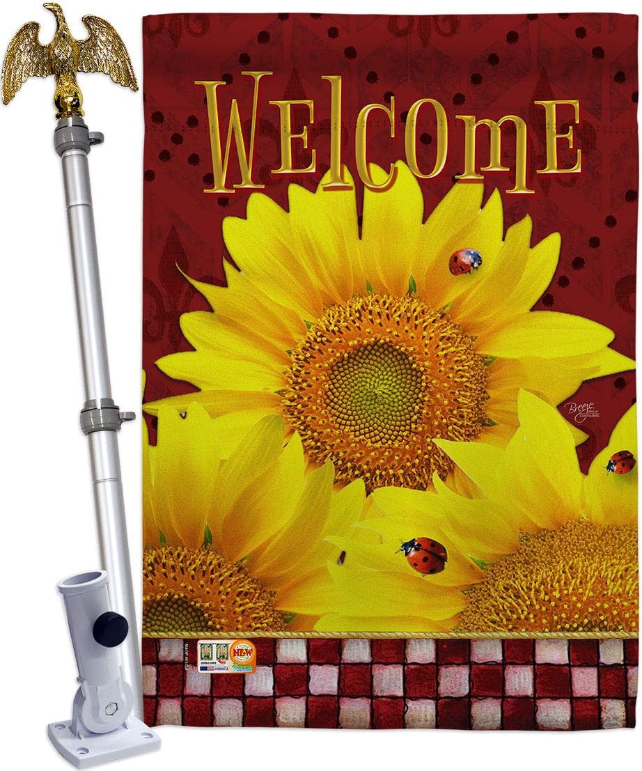 Golden Sunflowers House Flag Dowel Set Garden Floral Sunflower Tulip Rose Orchid Lilies Season Springtime Flower Wreath Small Decorative Gift Yard Banner Made In USA 28 X 40
