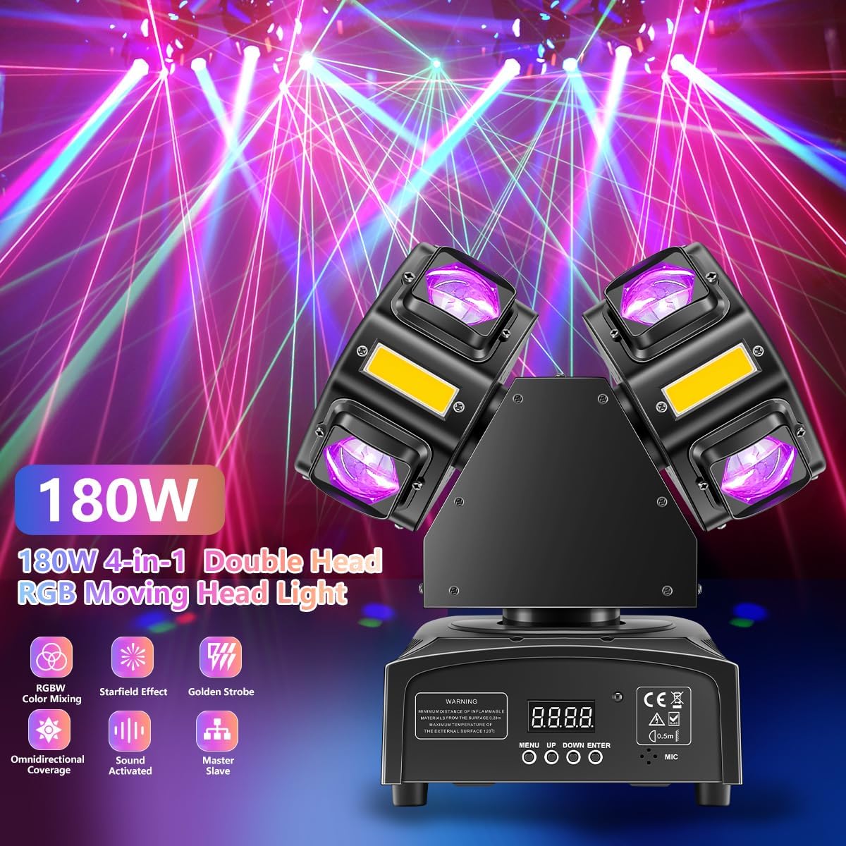 Double Head 4-in-1 RGB Moving Head DJ Light Dual Channel Independent Control RGB Beam Golden Strobe Effects Sound Activated DMX512 Stage Lights for DJ Bar Party Wedding Birthday Celebration