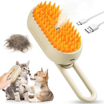 VISHSTORE Steam Brush for Dog and Cat, Steamy Brush for Cats and Dogs, Spray Steam Comb Brush, Steam Brush for Pet Hair Grooming (Khaki)