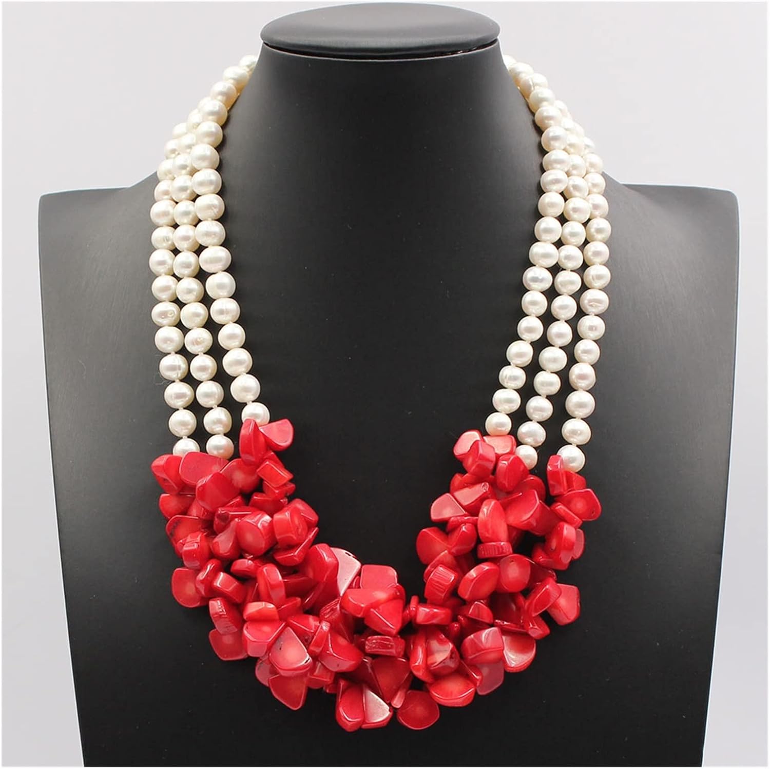 LAnGSHAW 3 Strands Natural White Potato Round Pearl Red Coral Necklace Handmade Ethnic Style for Women