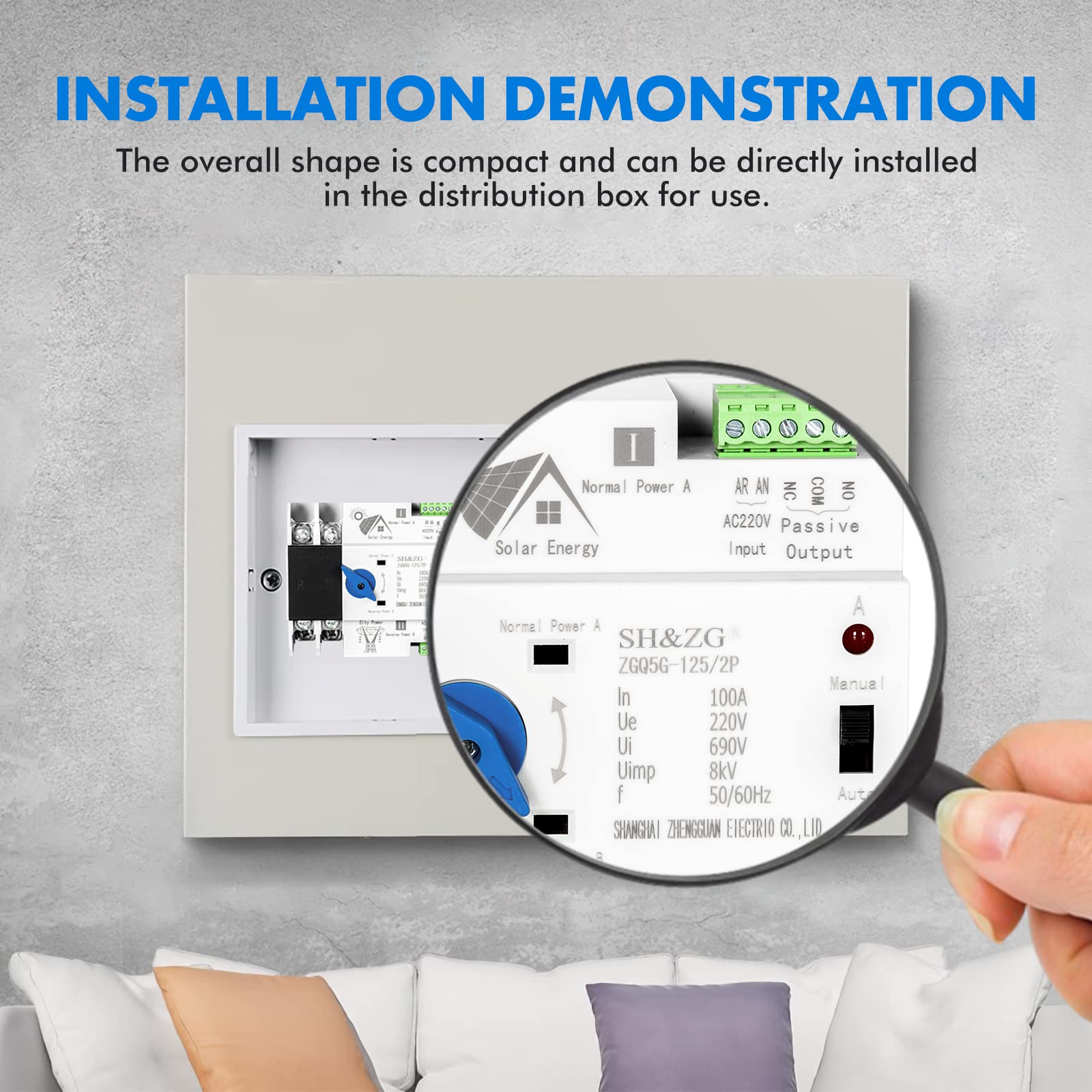 ATS Fotovoltaico Interruttore di Trasferimento Automatico 2P 220V Doppia Alimentazione Commutatore di Rete Automatico Fotovoltaico Commutatore Elettronico per Impianti Domestici e Industriali