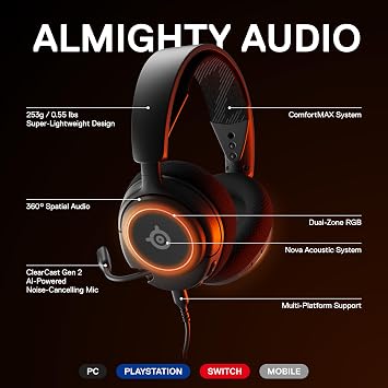 SteelSeries Arctis Nova 3 Multi-Platform Gaming Headphones, Hi-Fi Drivers, 360 degree Spatial Audio, RGB Lights, Gen2 Clearcast Microphone Standard