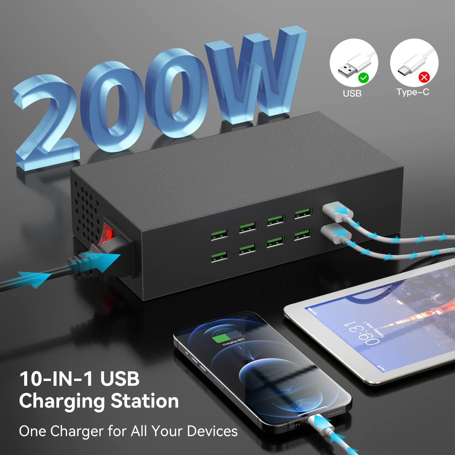 Stazione di ricarica USB, Skazeke Hub di ricarica da tavolo a 10 porte 200W/20A,uscita 4,5V/3,6A,5 V/3,4A,9 V/2,5A, 2V/2A Ricarica per dispositivi Apple, smartphone, tablet e altri dispositivi