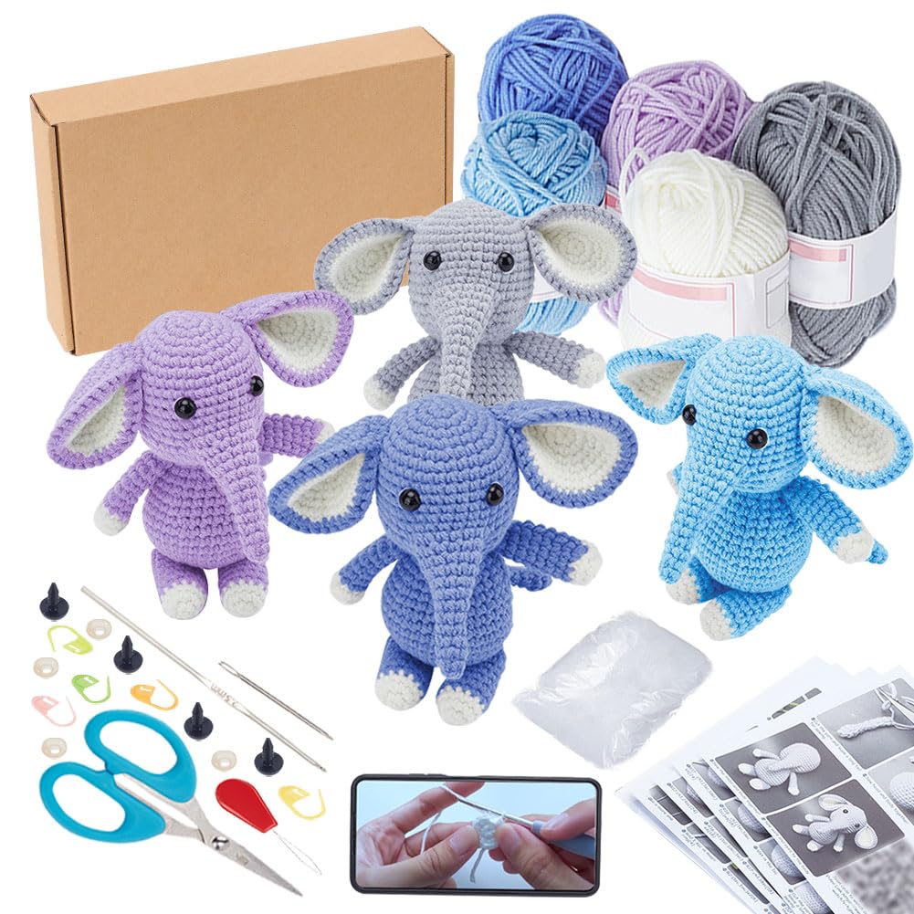 FREEBLOSS 5 Set Crochet Kit Crochet Elephant Crochet Animals Kit for Beginners with Video Tutorials Crochet Starter Kit Crochet Yarn and Hook Set for Beginners Knitting Kit for Gift