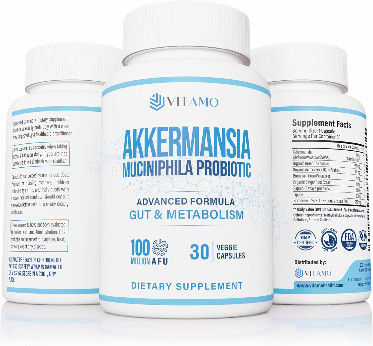 Akkermansia Probiotic & Berberine GLP-1 Support Supplement – 100 Million AFU Probiotic for Gut Health & Metabolic Balance with Green Tea, Acacia Fiber & Enzymes – 30 Capsules