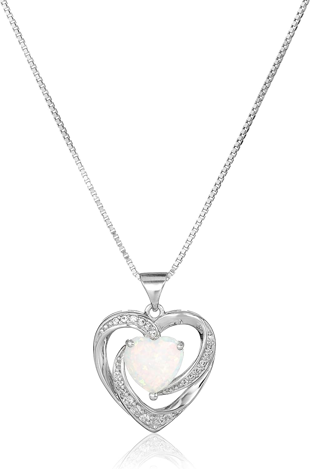 Amazon Essentials Women's Sterling Silver Created Opal and White Sapphire Open Heart Pendant Necklace, 18"