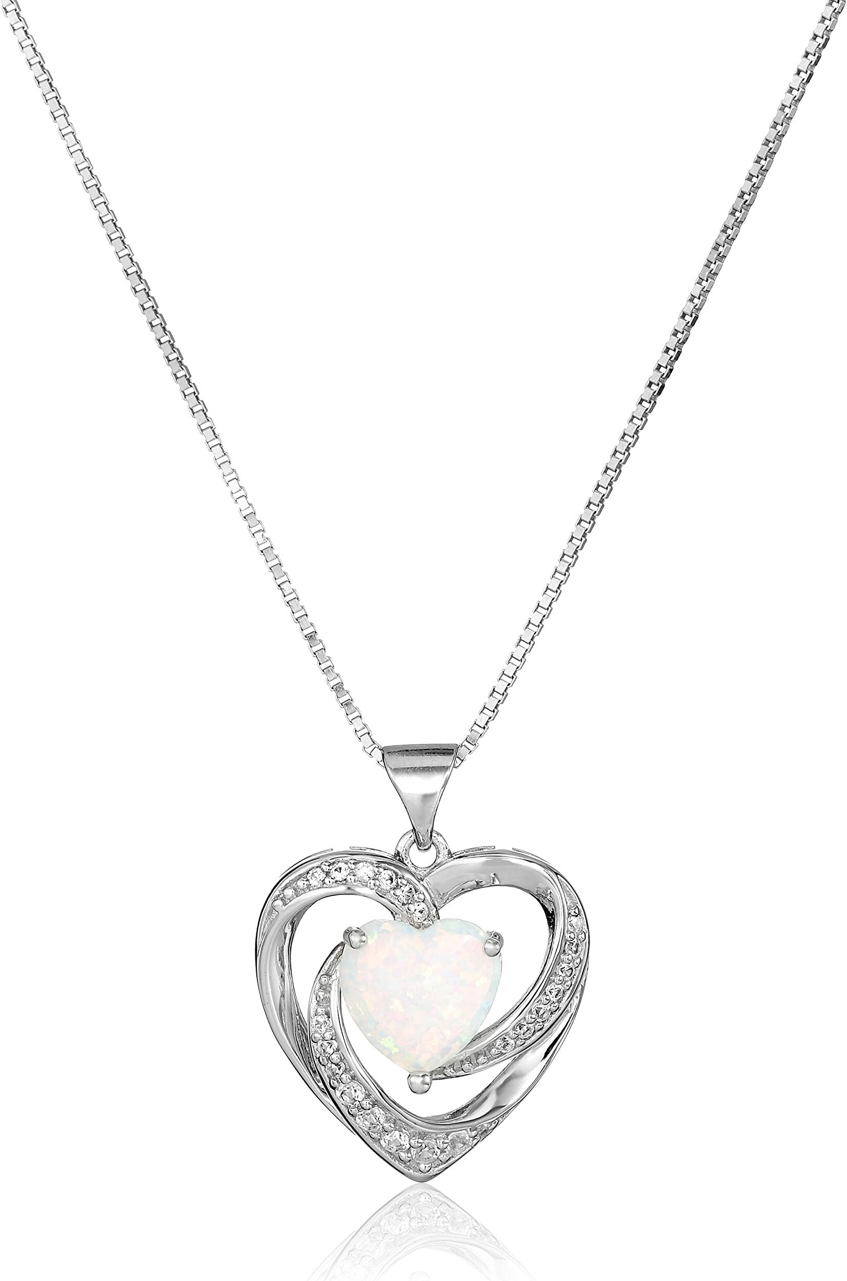 Women's Sterling Silver Created Opal and White Sapphire Open Heart Pendant Necklace, 18", Pretty Gift