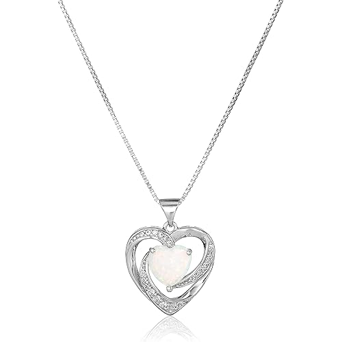 Amazon Collection womens Sterling Silver Created Opal and White Sapphire Open Heart Pendant Necklace, 18"