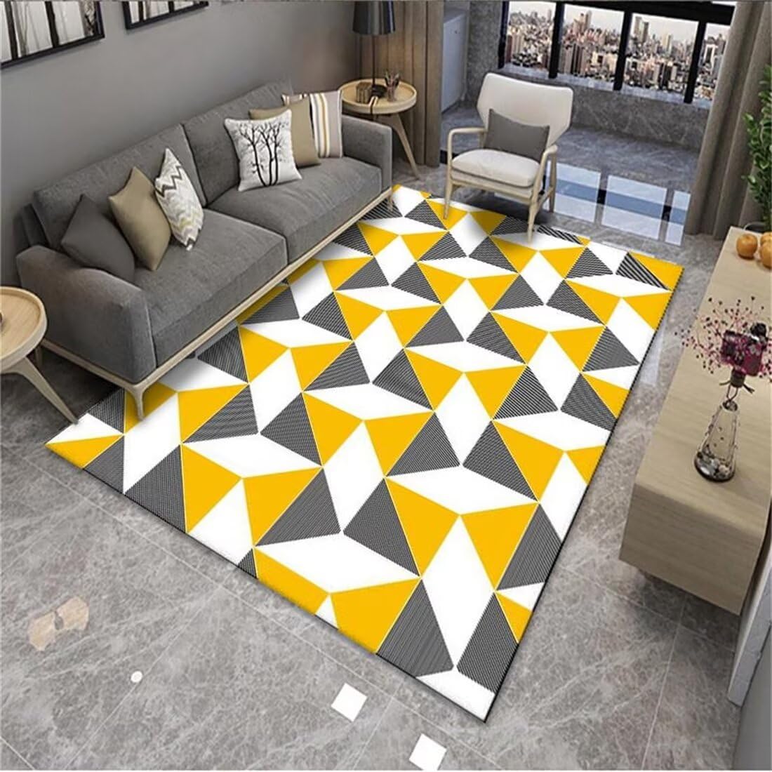 Tapis de salon insonorisé et rectangulaire 50X70CM avec motif triangle gris-jaune