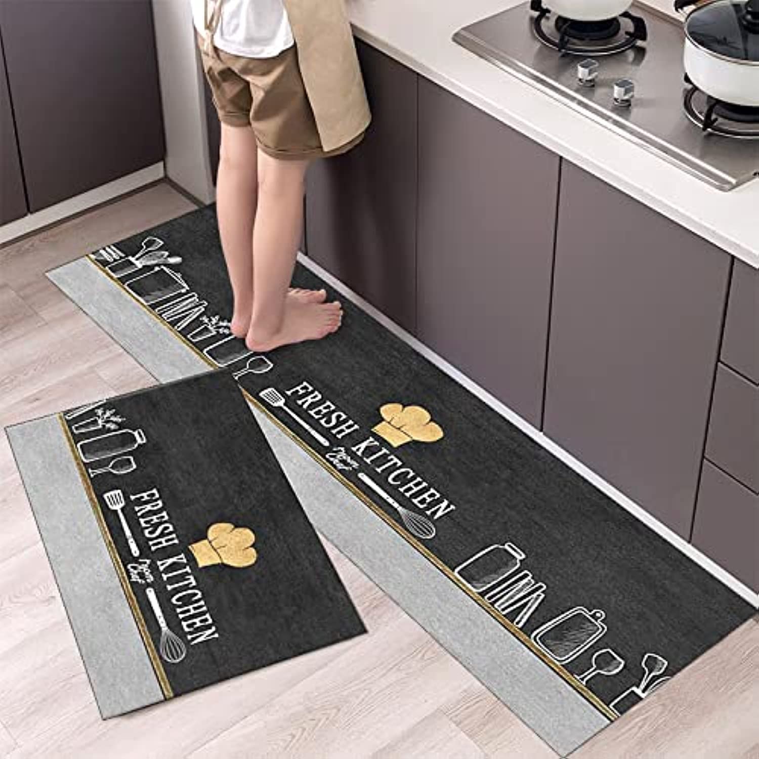2 PCS Set Large Kitchen Mats With Crystal Velvet Material Absorbant Thick Non-Slip Washable Area Rugs For Kitchen Floor Indoor Outdoor Entry Carpet With Beautiful Design (50×80CM And 50×160CM)