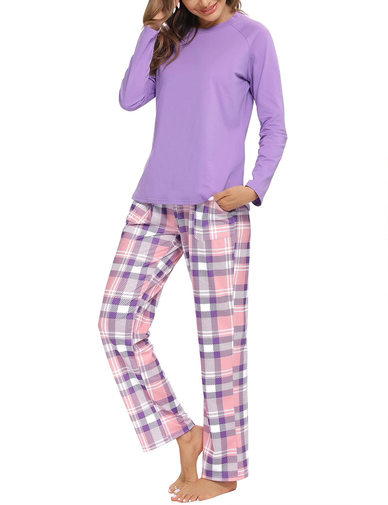 Uniexcosm Pigiama Donna, Pigiama a Quadri Donna Lungo Pigiama da Donna Cotone Leggero con Girocollo Pigiama 2 Pezzi Donna con Tasca Sciolto Accogliente per Casa e Casuale