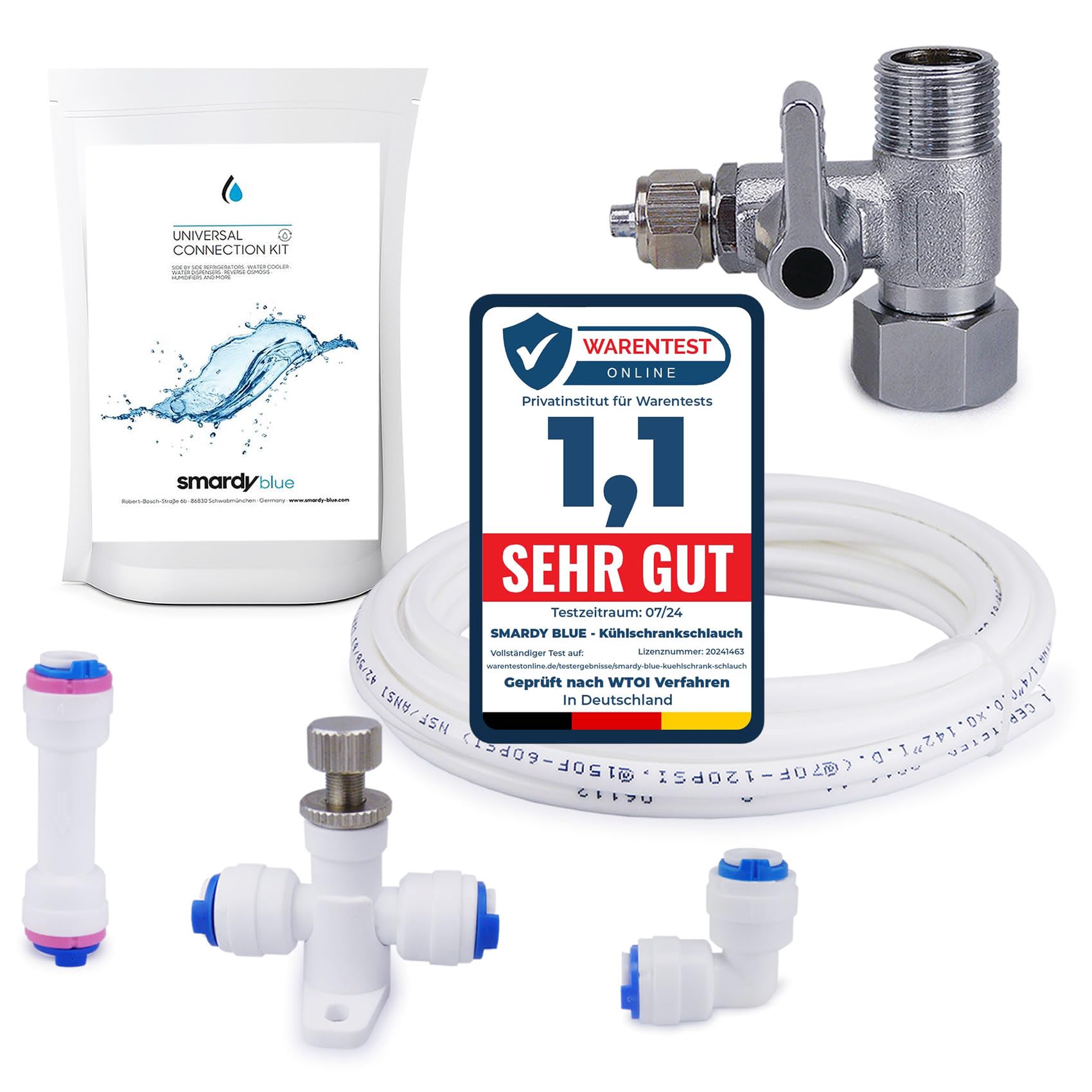 smardy ZO014 Kit de Conectores con 10m de manguera 1/4 pulgada (6,35mm) – para neveras side by side, ósmosis inversa, frigorífico americano y filtro de agua – montaje rápido sin herramientas