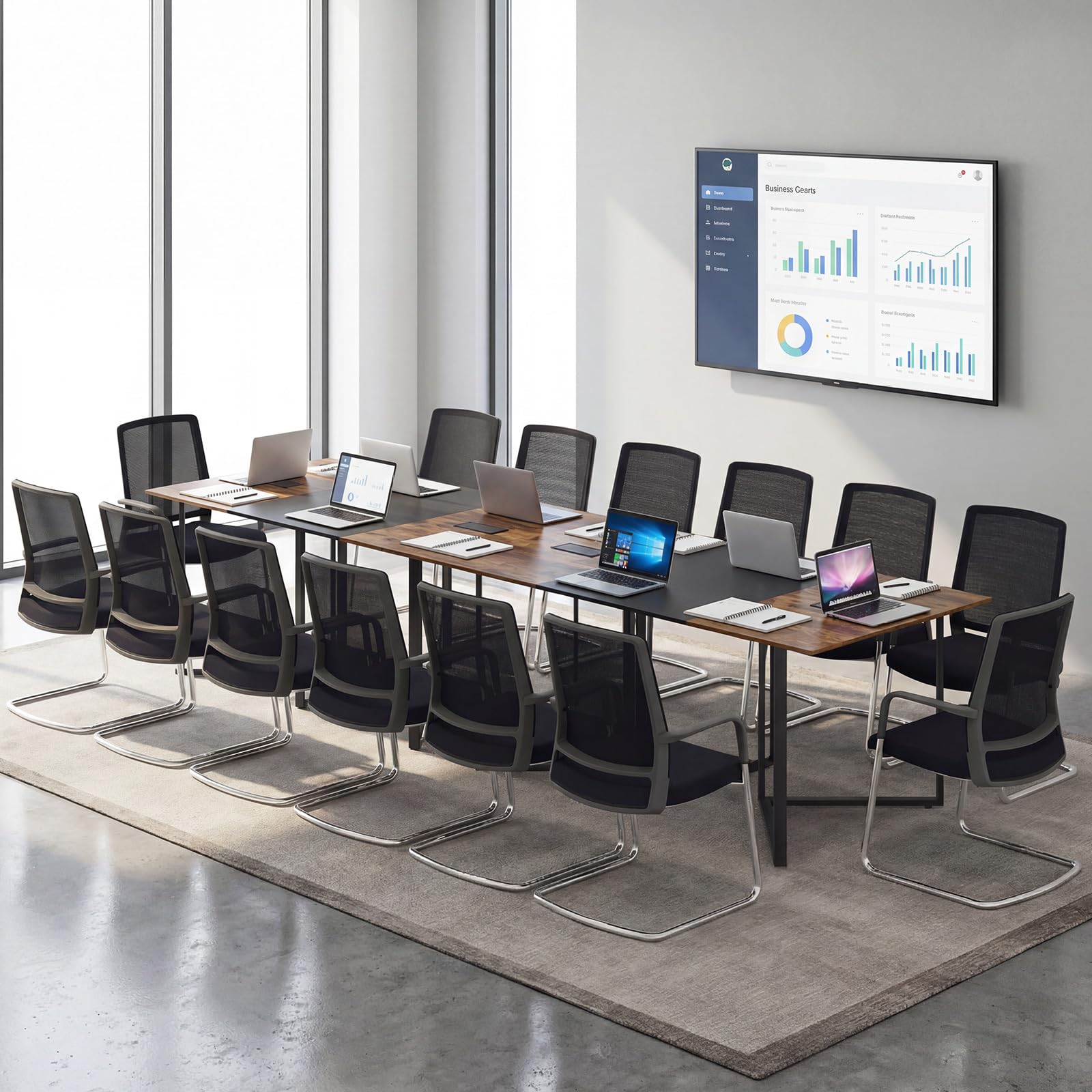 COSTWAY Tavolo da Conferenza 180 x 100 cm, Tavolo Riunioni Grande per 6-8 Persone, Postazione da Lavoro Stile Industriale con 2 Passacavi per Ufficio e Sala Riunioni