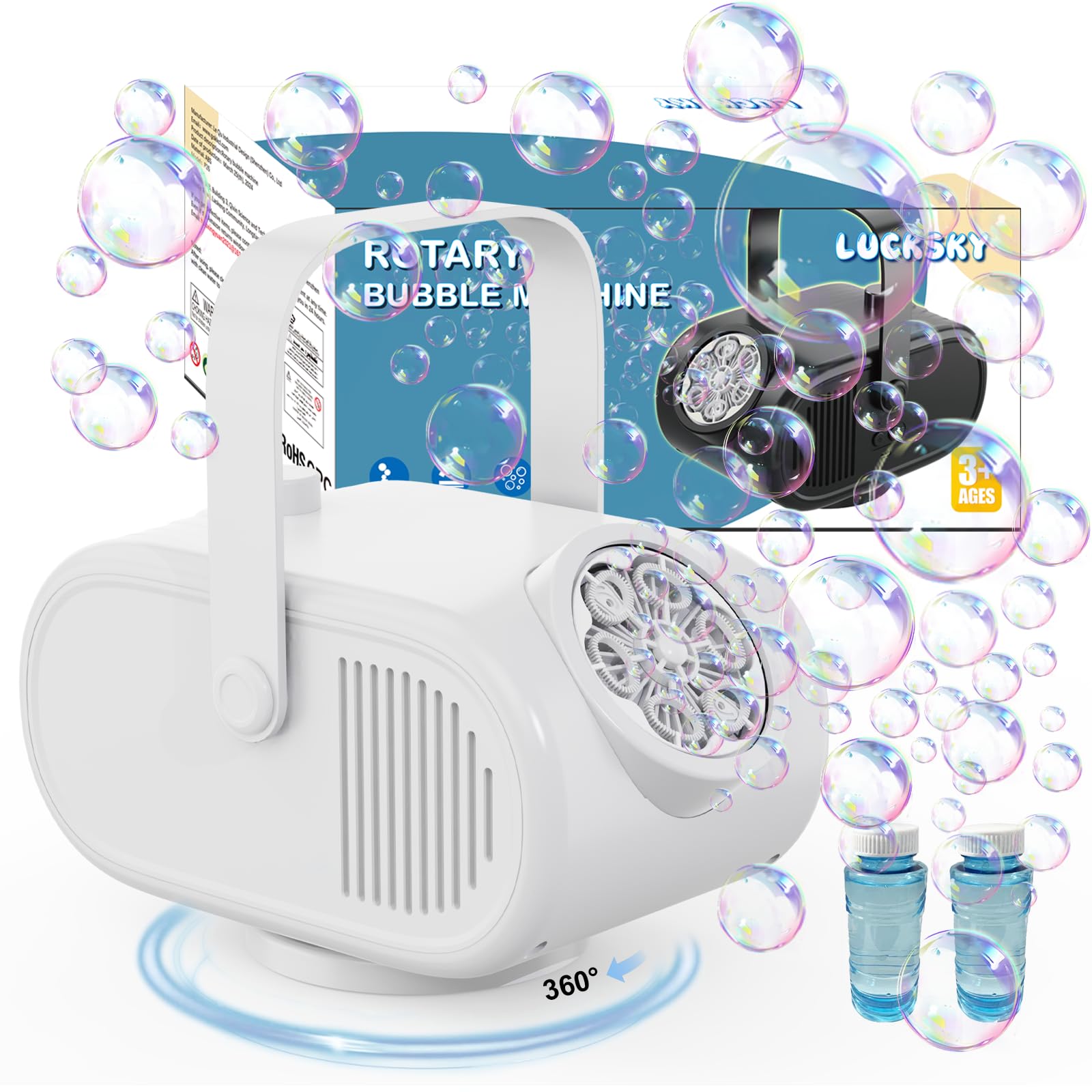 Bubble Machine Automatic Bubble Blower for Kids, Rechargeable Battery Portable Bubble Maker Electric Bubble Machine Auto Rotating 360° Outdoor Toy for Birthday Party Wedding Gifts (White)