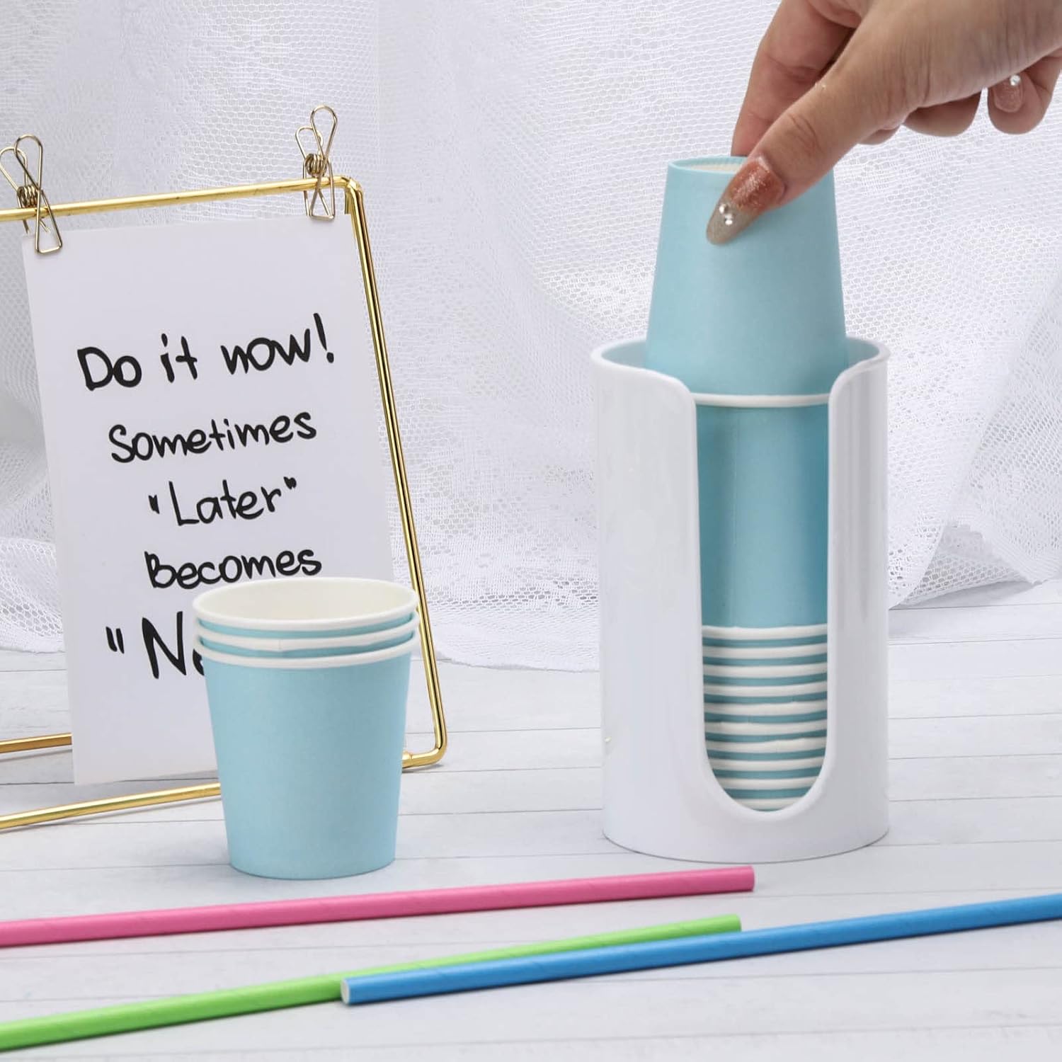 Plastic Paper Cup Holder - Small Disposable Cup Dispenser Mouthwash Cup Holder for Bathroom Countertop, White
