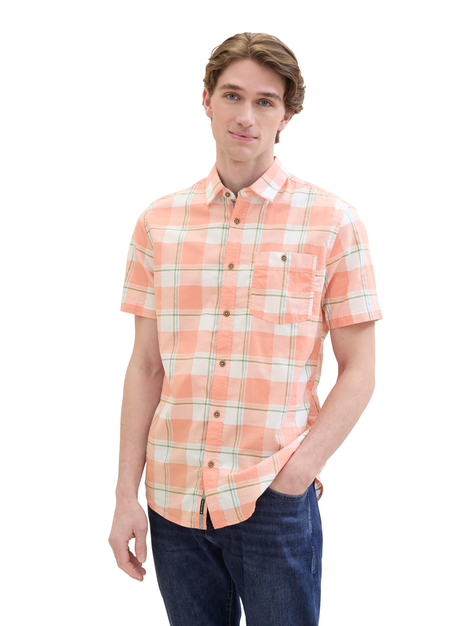 TOM TAILOR Herren Basic Tailliertes Hemd mit Karomuster, Coral Multicol Structure Check, M