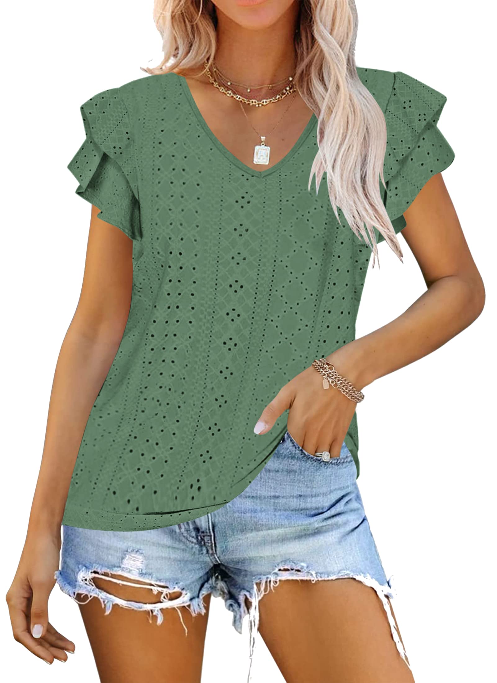 WNEEDU Camiseta Mujer Verano Manga Corta Volantes Ligera Camisas Cuello V Casual Blusa