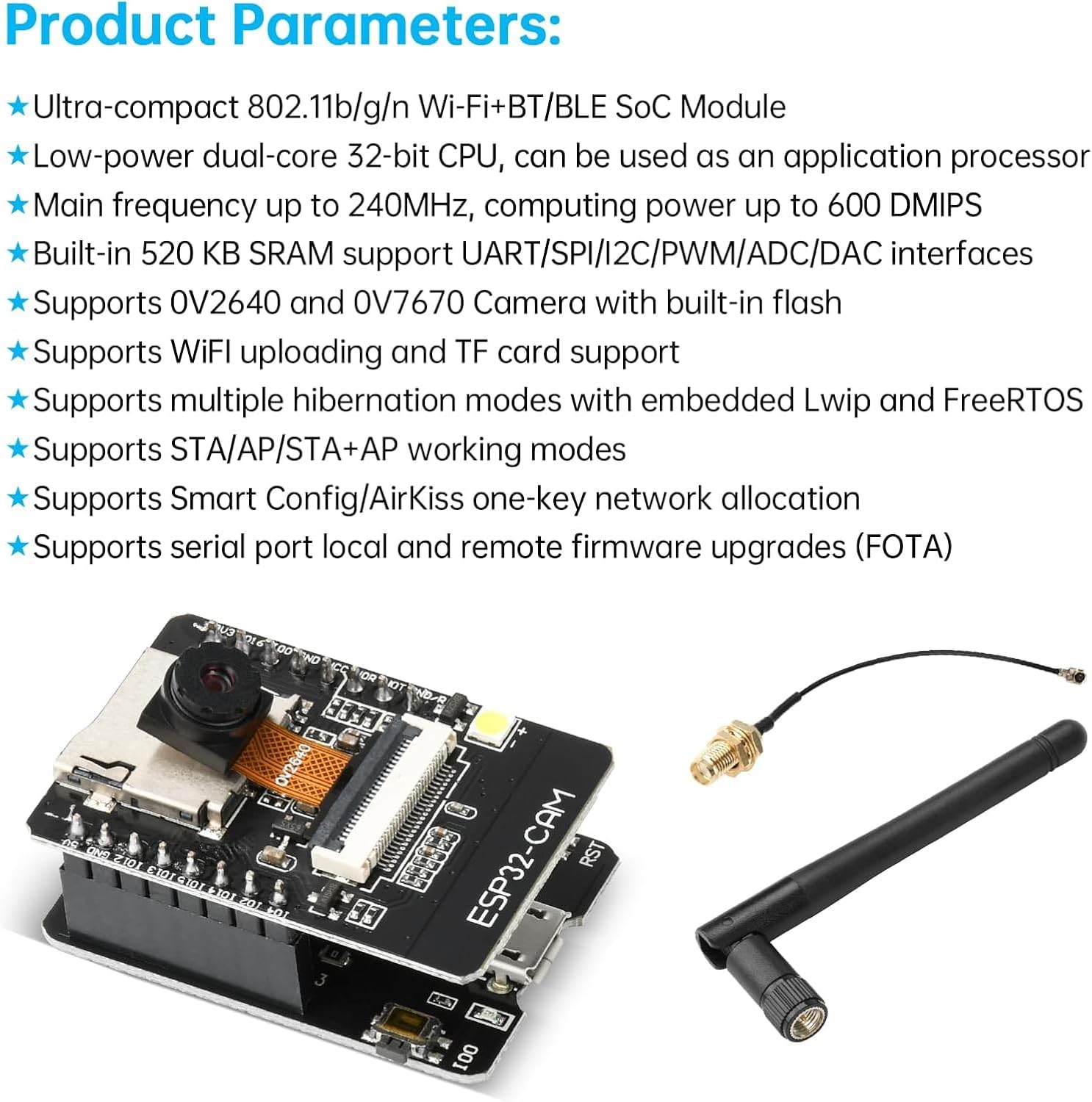 2-Pack ESP32 CAM Development Board, for ESP32-CAM MB WiFi/Bluetooth Development Board, DC 5V Dual Core Development Board with 2.4G Antennas IPEX, OV2640 Camera TF Card Module