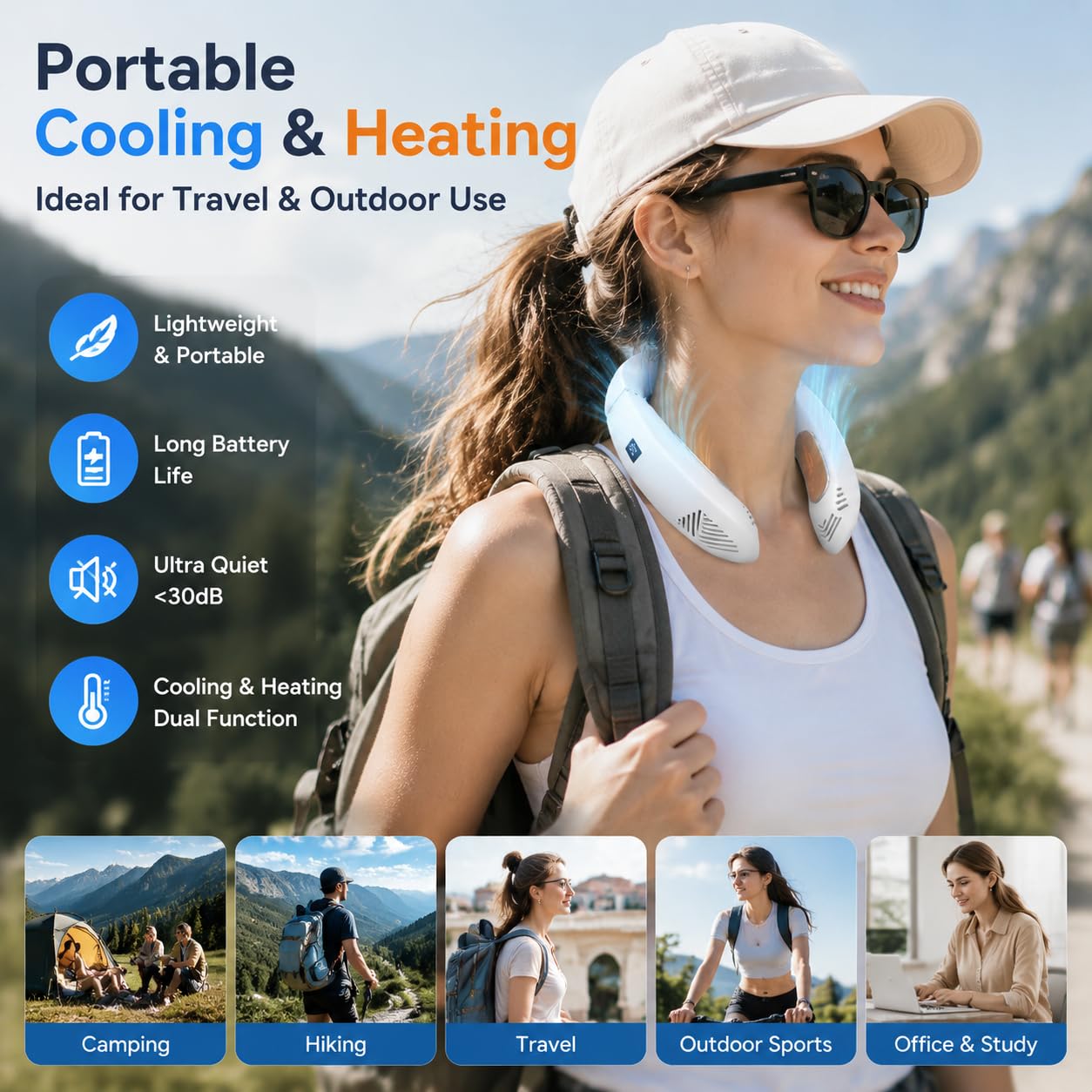 Ventilador de cuello portátil, aire acondicionado portátil con modos de refrigeración y calefacción, recargable de 3500 mAh, dispositivo de refrigeración personal sin cuchillas