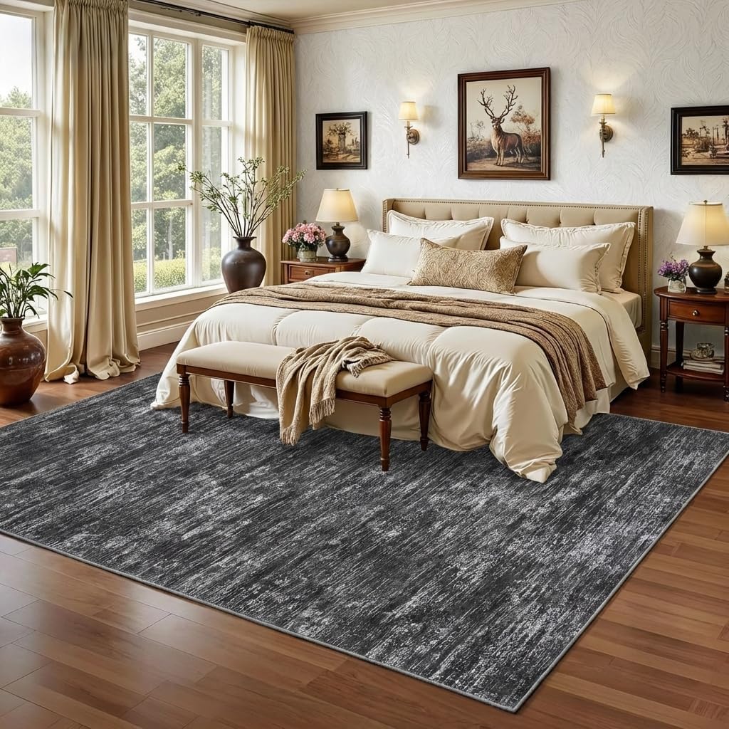 GarveeHome 8x10 Large Living Room Rug Machine Washable Area Rugs for Bedroom, Modern Solid Color Rugs with Rubber Backing, Stain Resistant Low Pile Neutral Mats for Bedroom, Dining Room, Dark Grey