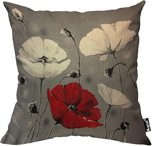 Mugod Funda de almohada con diseño de flor de amapola, hermosa y encantadora acuarela, color rojo y blanco, 18 x 18 pulgadas, suave, cuadrada, de
