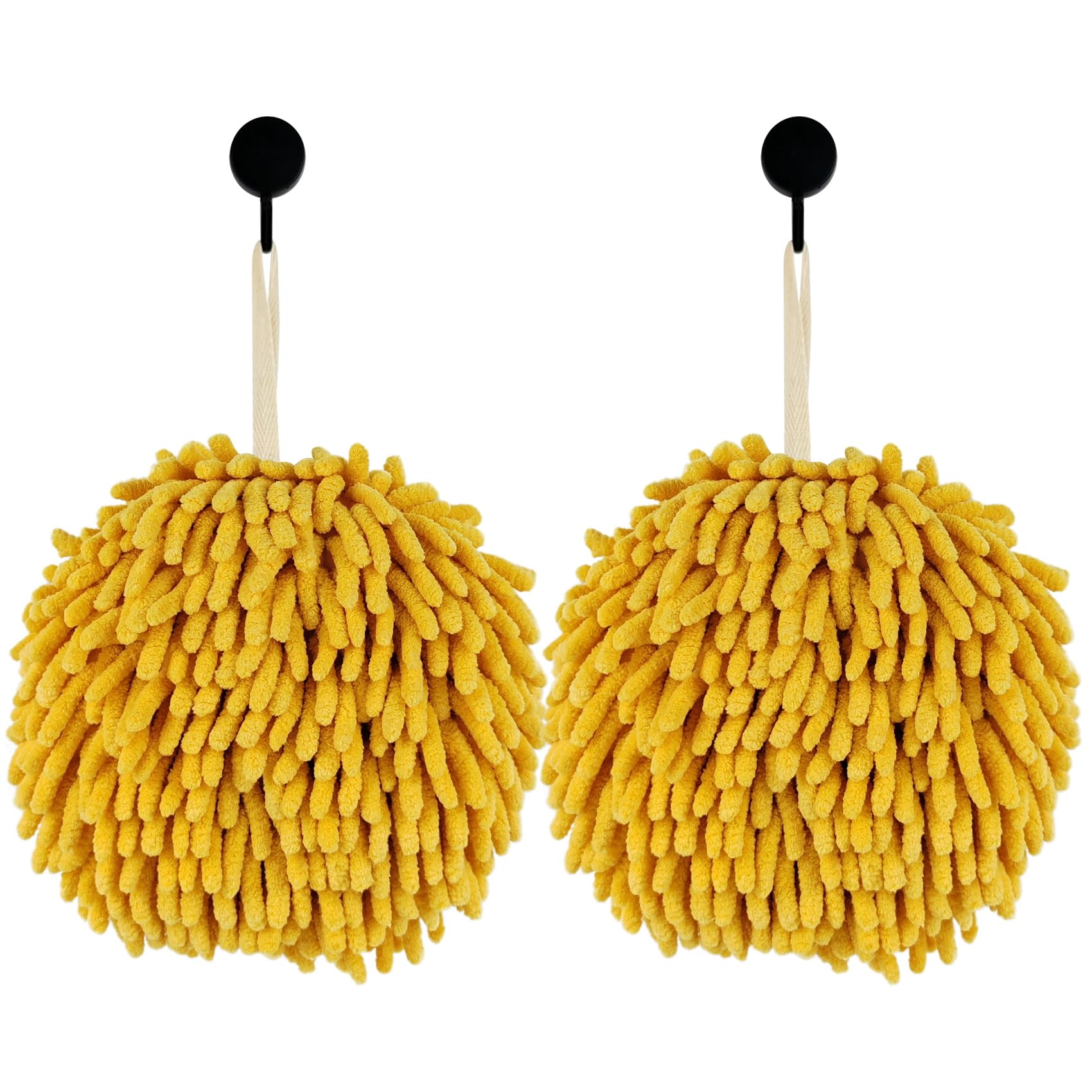 Fuzzy Ball Hand Towels, Set of 2, Chenille Quick Dry, 6.9inch(yellow), large size