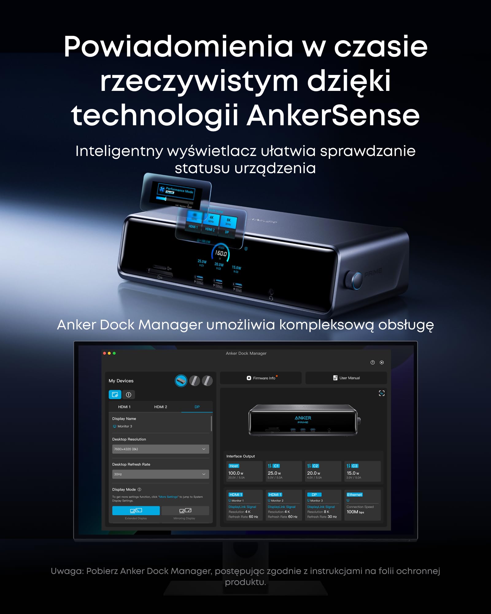 Stacja dokująca Anker Prime (DL7400), 14 portów, trzy wyświetlaczze z DisplayLink, maks. 140 W, inteligentny wyświetlacz, trzy wyświetllacze 4K 60 Hz, wentylator chłodzący, do systemów macOS i Windows