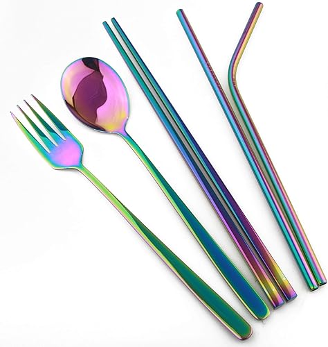 Miniatura 4 de Juego de cubiertos de acero inoxidable 304 reutilizable, con pajillas, portátil, para viajes, camping, senderismo, lavavajillas, juego de 7, espejo