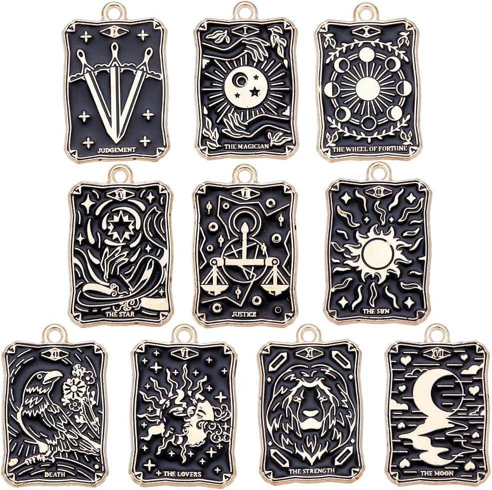 SUNNYCLUE 20PCS 10 Styles Tarot Charms Bulk Divination Halloween Gothic Magic Tarot Card Enamel Black Gold Amulet Lucky Charm for Jewelry Making DIY Earrings Bracelet Necklace Craft