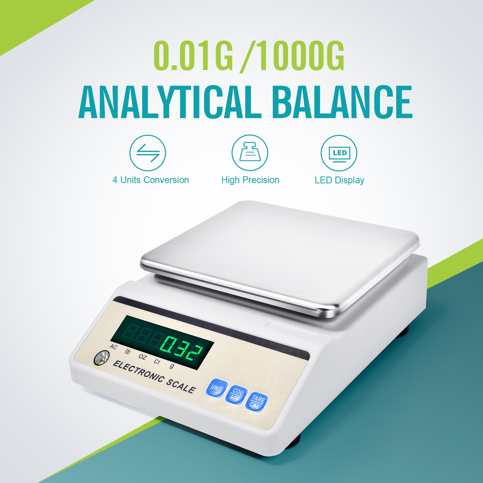 LICHEN Balanza analítica de laboratorio de 1000 g x 0,01 g con pantalla LED, báscula de laboratorio de alta precisión con unidades de g/ct/oz/lb, báscula científica de laboratorio para cocina
