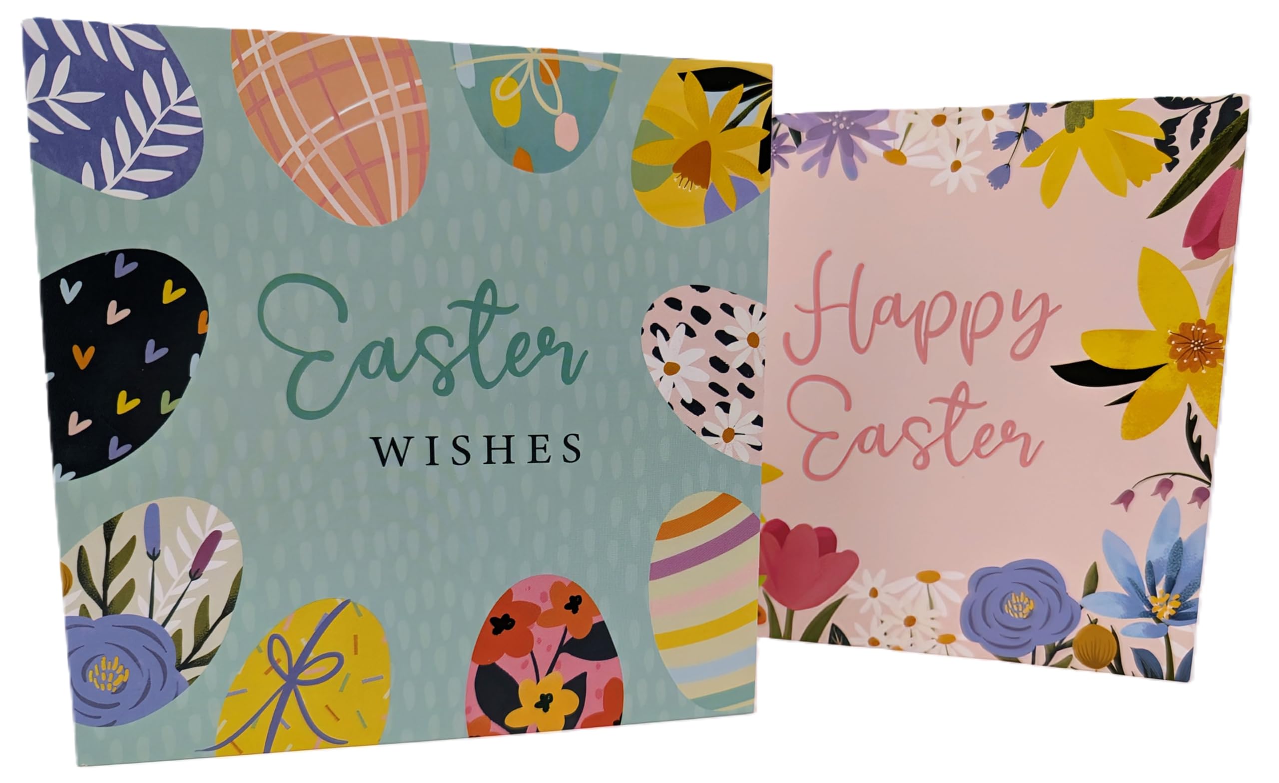 8 Happy Easter Cards with Envelopes – Colourful Easter Egg & Spring Flowers Designs – Premium Quality 210 GSM Cardstock – 12x12cm – Ideal for Family, Friends & Colleagues – Designed in the UK
