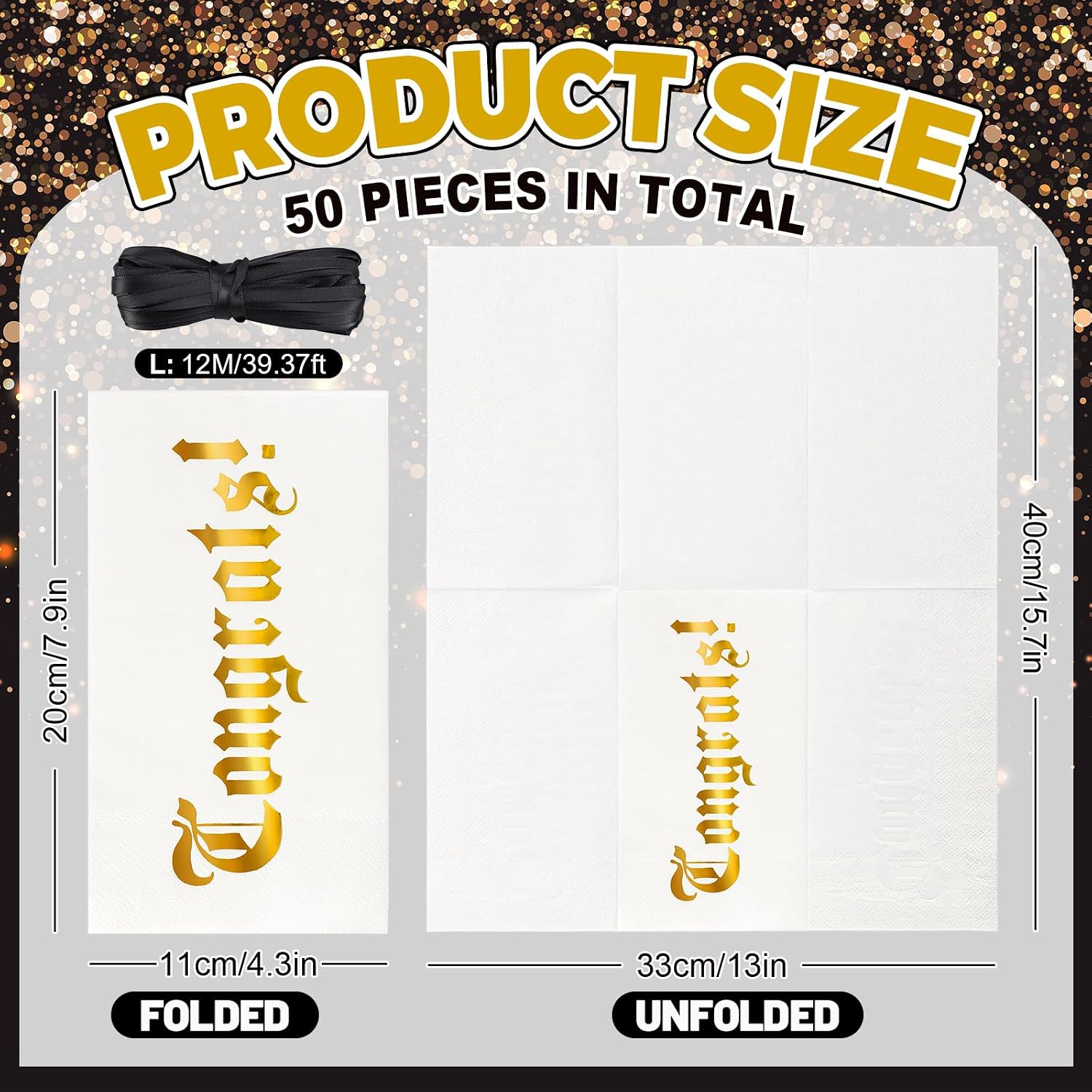 AnyDesign 50 Pcs 2026 Graduation Congrats Paper Napkins Gold Foil Rolled Silverware Guest Napkins with Ribbon Disposable Dinner Hand Towels for School Celebration Tableware Grad Party Favors image 2