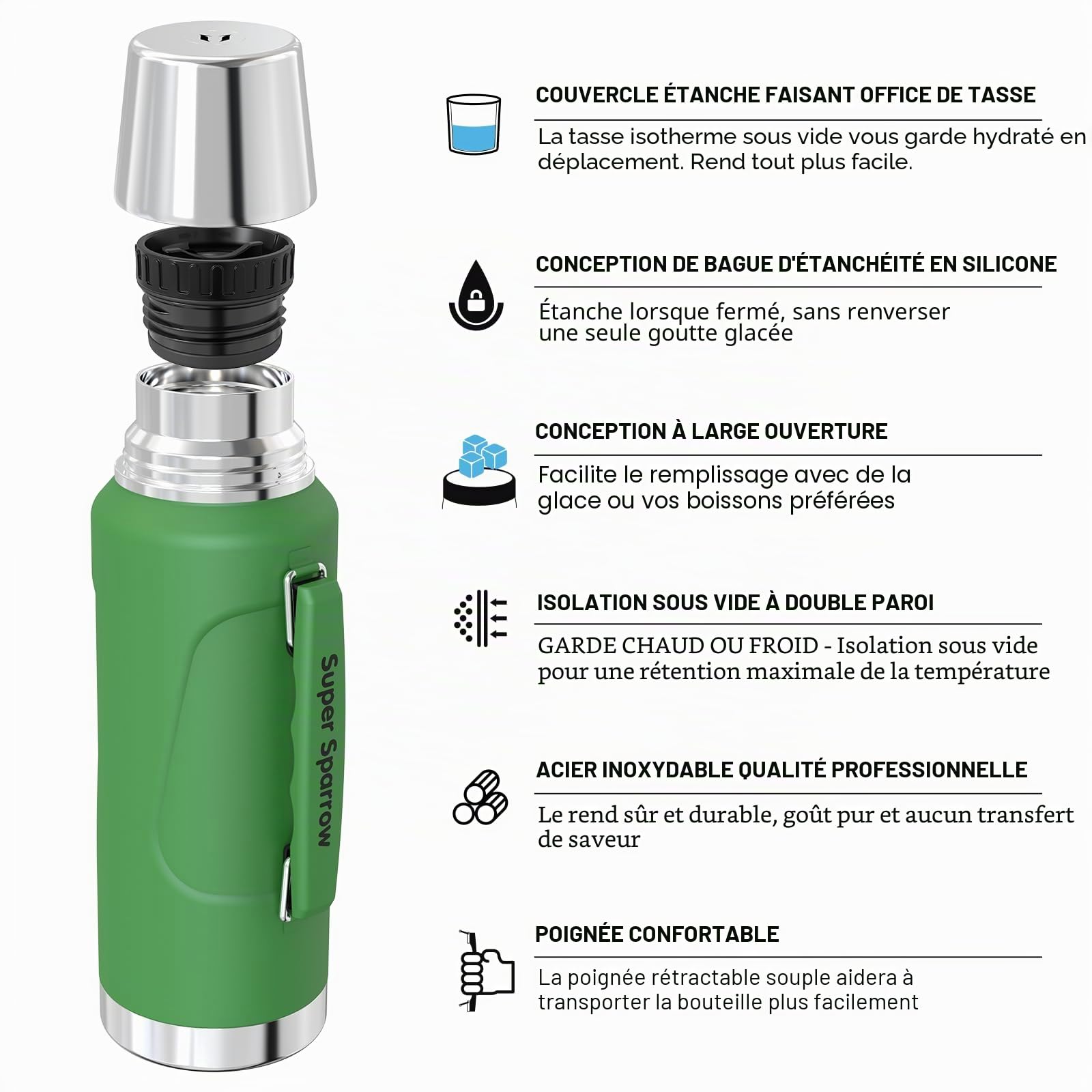 Super Sparrow Gourde Isotherme - 750ml/1L/1.5L/2L - Bouteille Isotherme - Gourde Inox Sans BPA - Couvercle étanche qui sert de Tasse - Maintient la Température 12/24h (Chaud/Froid)