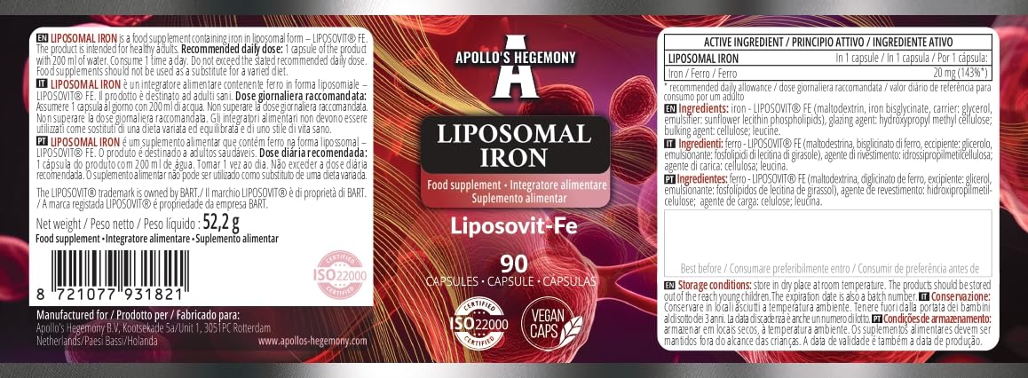 Fer liposomal 20 mg - 90 gélules végétaliennes - Fer à haute absorption avec Liposovit®-Fe - Soutien cognitif - Approvisionnement pour 3 mois - Par Apollo's Hegemony