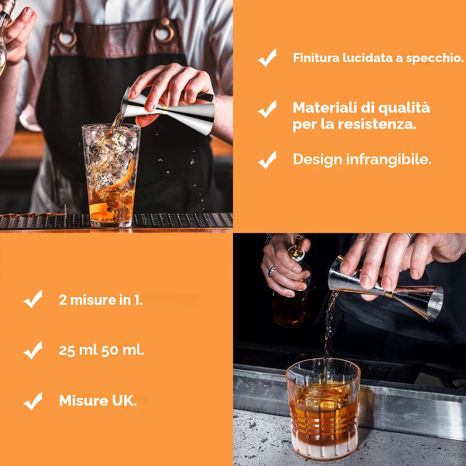Delgeo Jigger-Spirit da Cocktail in Acciaio Inossidabile, Misurino per Bevande da Barista Professionale, Misurino Singolo/Doppio con Segno di Scala Integrato: 25/50ml (Argento)