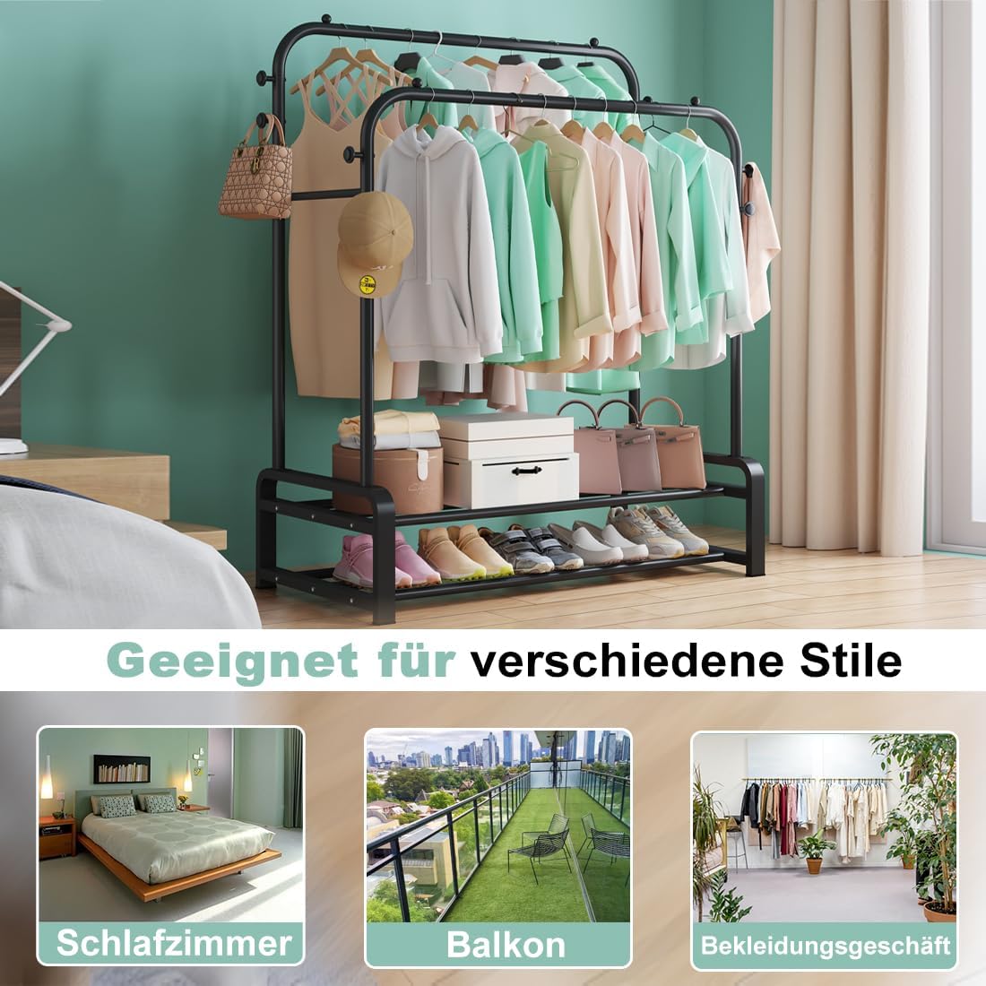 SMILOVII coat rack in different settings: bedroom, balcony, and clothing store
