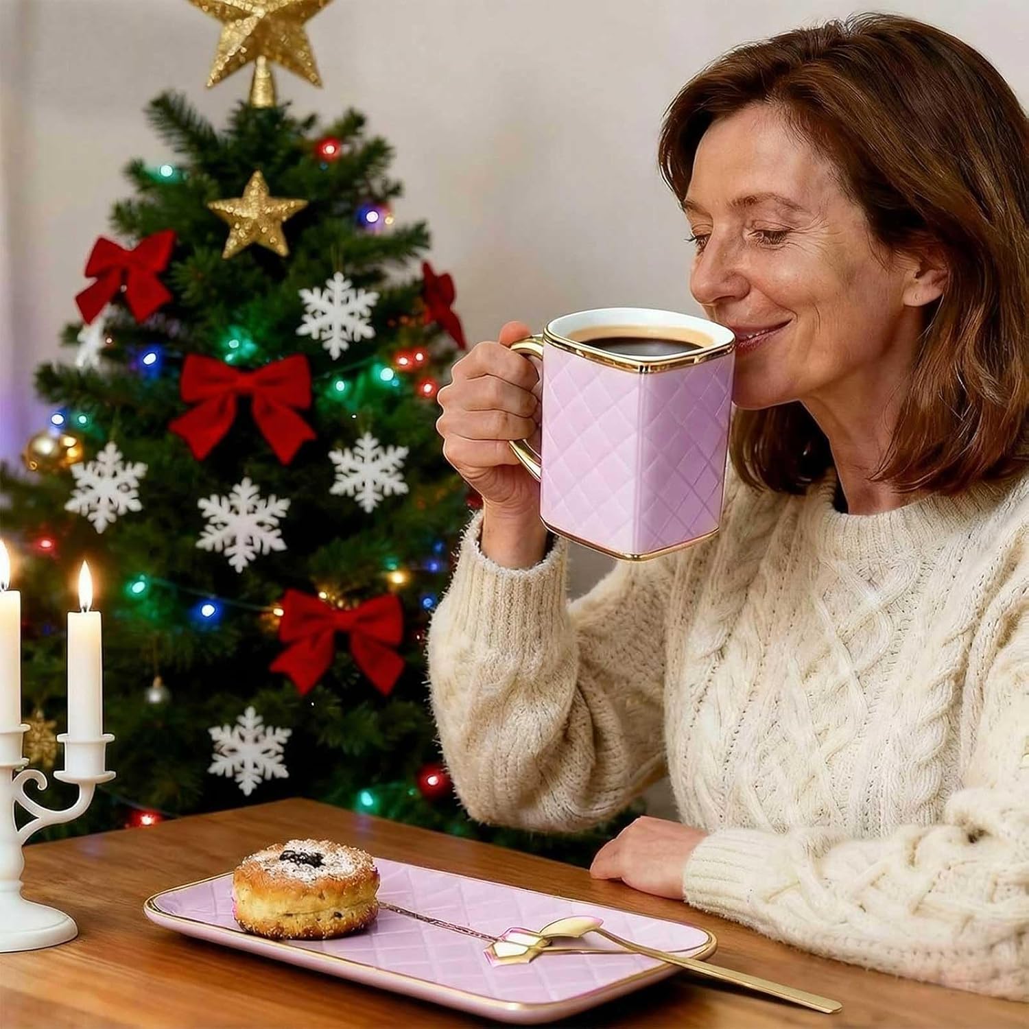 Zubebe 2 Set Coffee Mug Elegant Handbag Shaped Cup Mother's Day Modern Ceramic Purse Mug with Spoon and Saucer, 10oz Cute Creative Tea Cup for Woman Girls Gift (Pink,Purple)